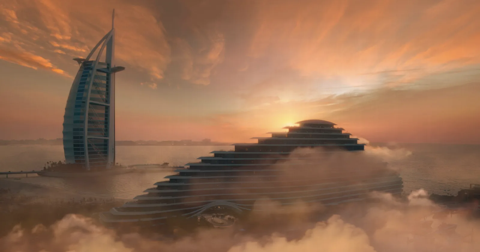 Burj Al Arab and Jumeirah Beach Hotel in morning fog, Dubai